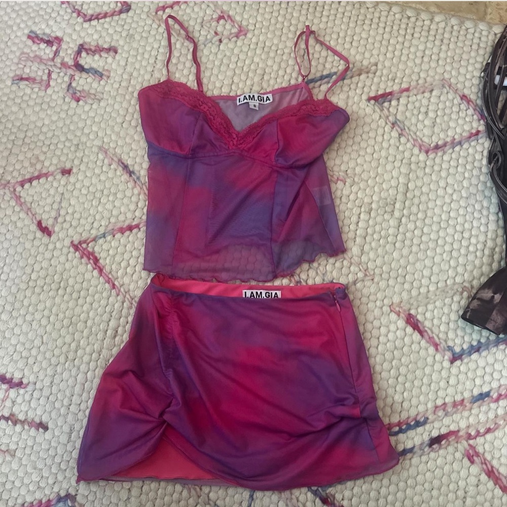 I.AM.GIA Pink and Purple Mesh Slip Top & Mini Skirt Set